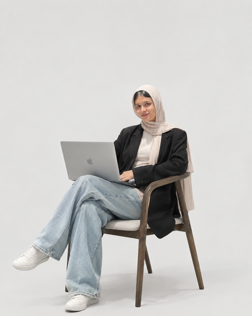 minimalist hijab laptop portrait